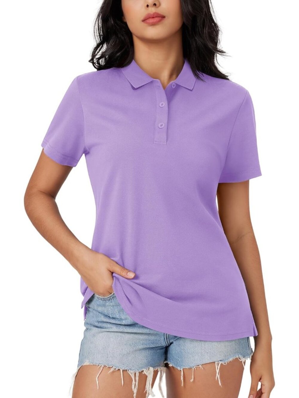 Women's Light Purple 3 Button Short Sleeve Cool Shirt Cotton Collar Casual Tops